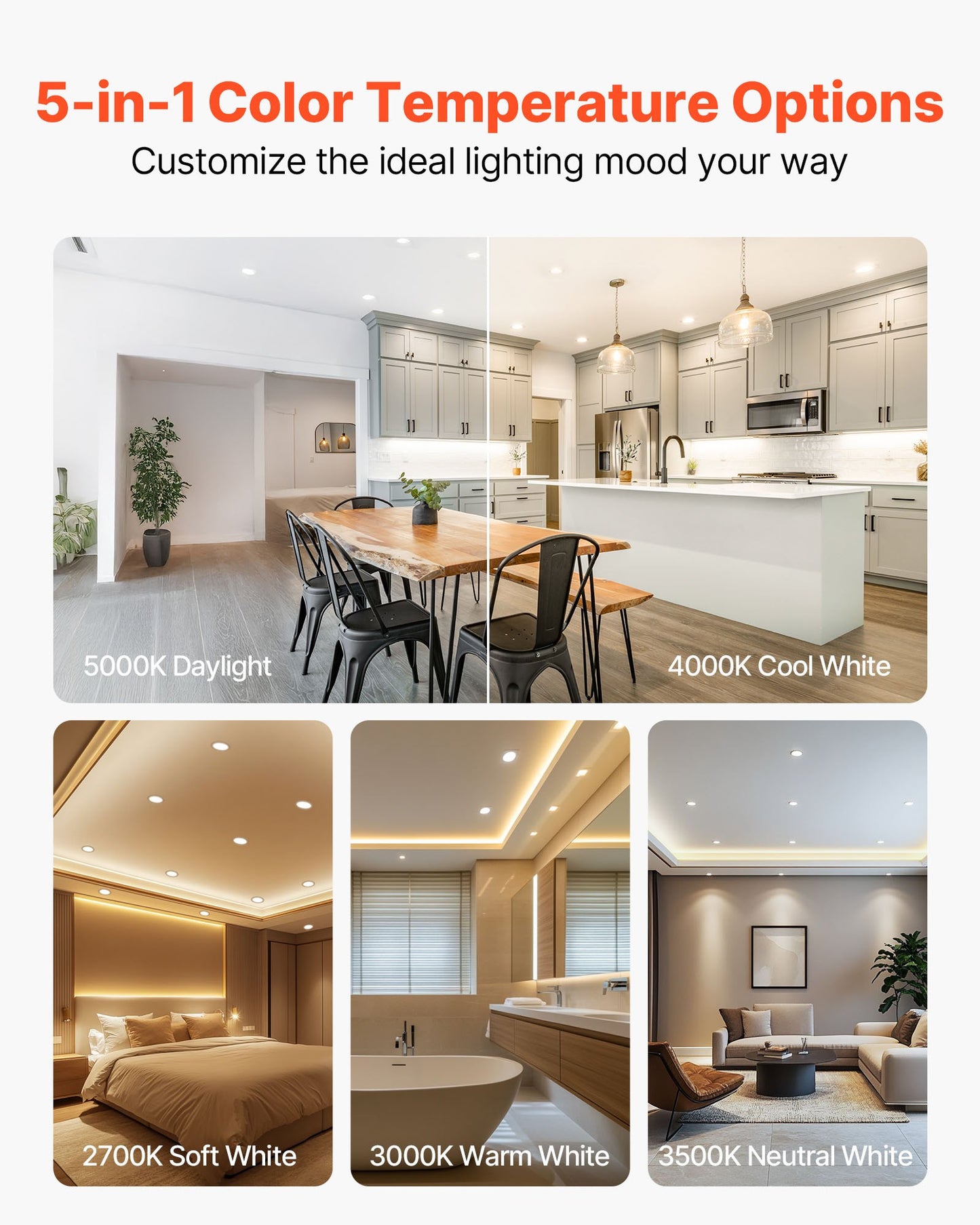 12 Pack LED Recessed Lighting, 5/6 Inch, Retrofit Can Lights, 1050 LM 13W 120V, Selectable 5CCT 2700K/3000K/3500K/4000K/5000K, 10% to 100% Dimmable, Compatible with E26 Base and TP24 Connector
