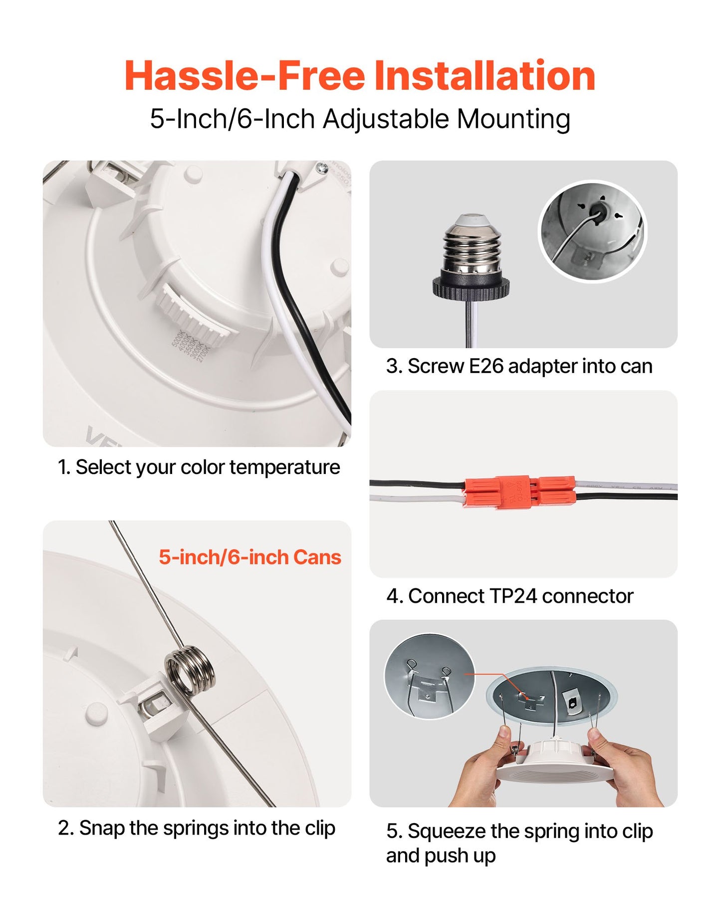12 Pack LED Recessed Lighting, 5/6 Inch, Retrofit Can Lights, 1050 LM 13W 120V, Selectable 5CCT 2700K/3000K/3500K/4000K/5000K, 10% to 100% Dimmable, Compatible with E26 Base and TP24 Connector