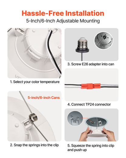 12 Pack LED Recessed Lighting, 5/6 Inch, Retrofit Can Lights, 1050 LM 13W 120V, Selectable 5CCT 2700K/3000K/3500K/4000K/5000K, 10% to 100% Dimmable, Compatible with E26 Base and TP24 Connector