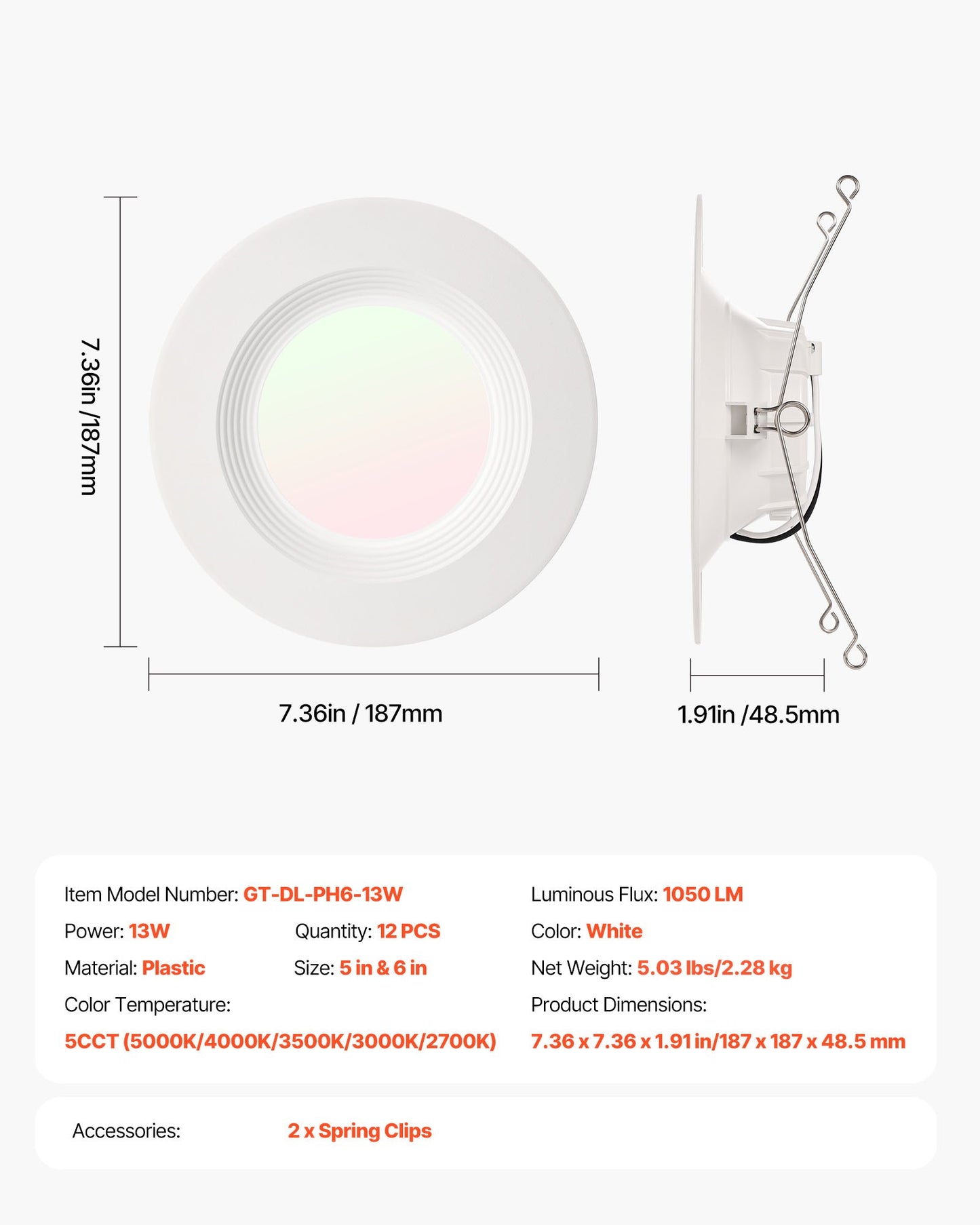 12 Pack LED Recessed Lighting, 5/6 Inch, Retrofit Can Lights, 1050 LM 13W 120V, Selectable 5CCT 2700K/3000K/3500K/4000K/5000K, 10% to 100% Dimmable, Compatible with E26 Base and TP24 Connector