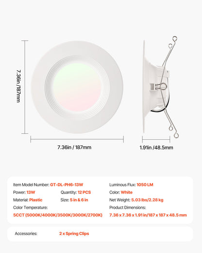 12 Pack LED Recessed Lighting, 5/6 Inch, Retrofit Can Lights, 1050 LM 13W 120V, Selectable 5CCT 2700K/3000K/3500K/4000K/5000K, 10% to 100% Dimmable, Compatible with E26 Base and TP24 Connector