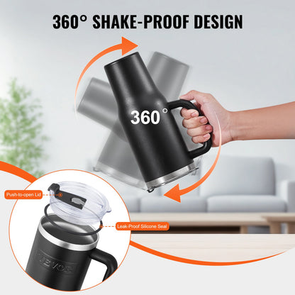 40 oz Insulated Water Bottle, Stainless Steel Sports Coffee Cup with Lid, Handheld Travel Coffee Mug Double Walled, Camping Hydration Flask Leakproof, for Indoor/Outdoor School, Work, Black