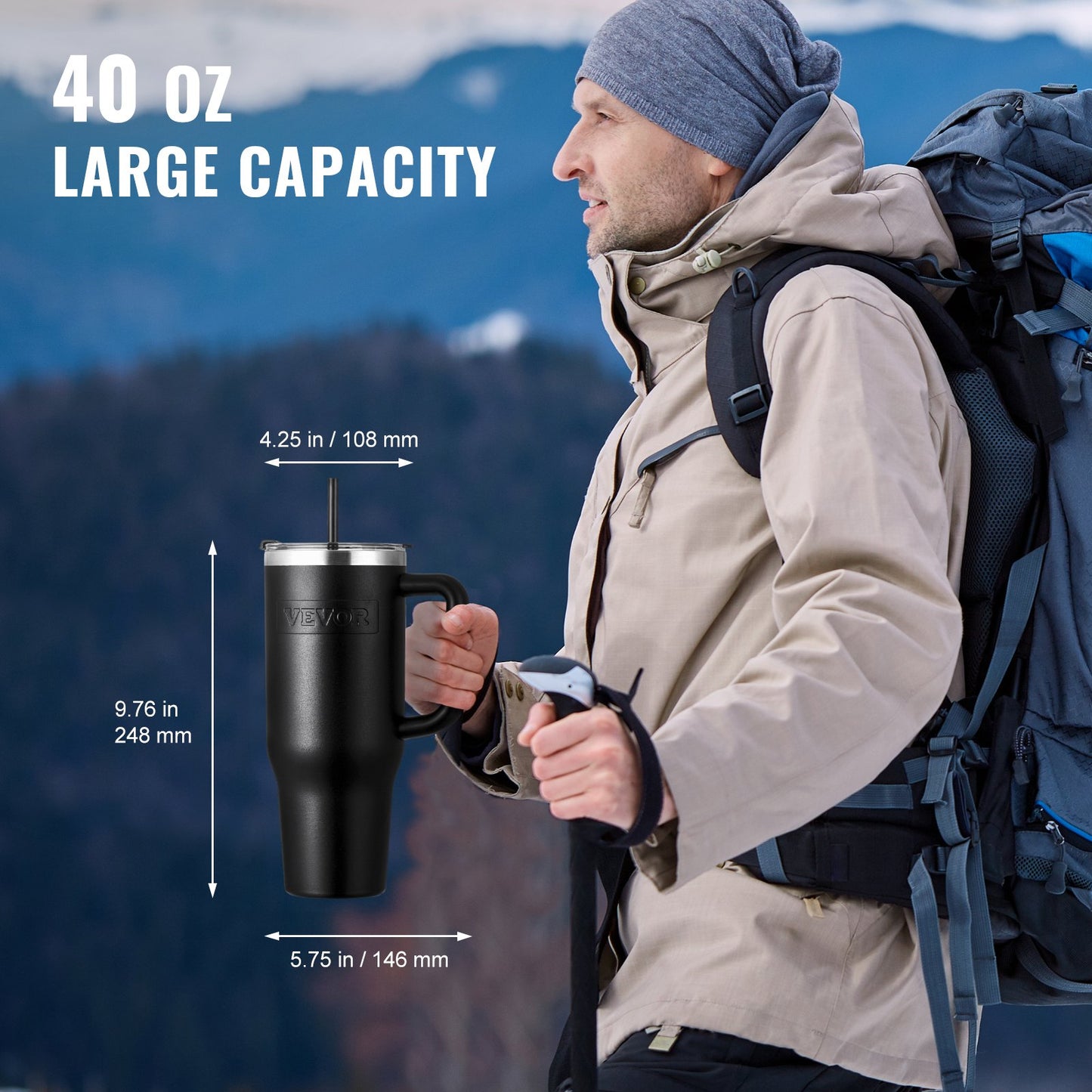 40 oz Insulated Water Bottle, Stainless Steel Sports Coffee Cup with Lid, Handheld Travel Coffee Mug Double Walled, Camping Hydration Flask Leakproof, for Indoor/Outdoor School, Work, Black