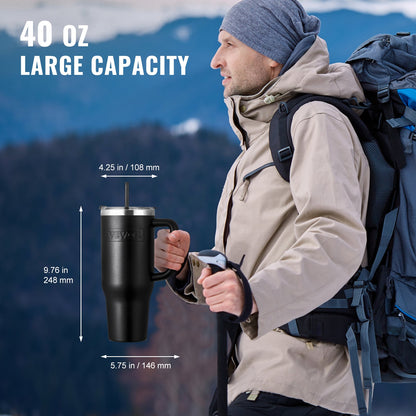 40 oz Insulated Water Bottle, Stainless Steel Sports Coffee Cup with Lid, Handheld Travel Coffee Mug Double Walled, Camping Hydration Flask Leakproof, for Indoor/Outdoor School, Work, Black