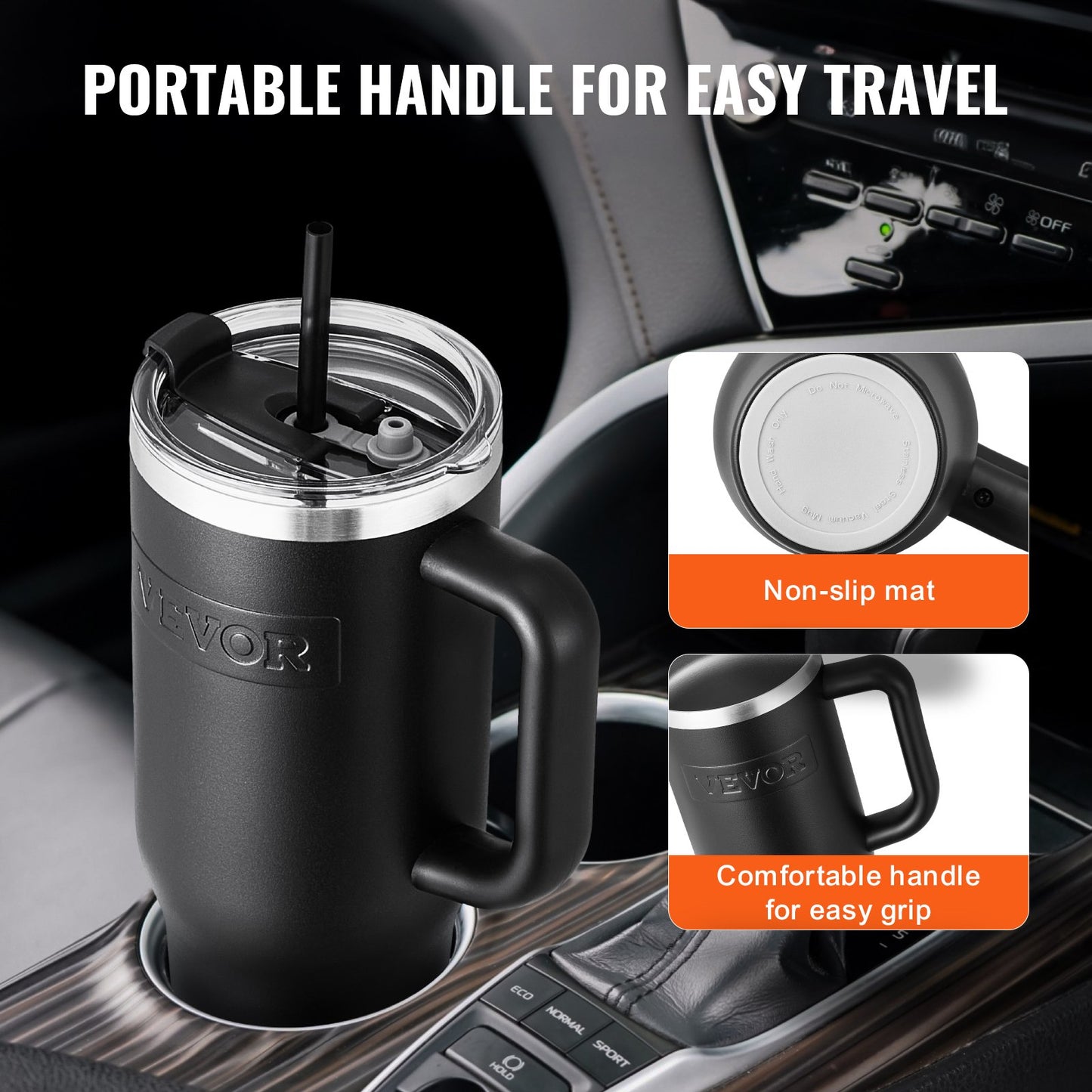 40 oz Insulated Water Bottle, Stainless Steel Sports Coffee Cup with Lid, Handheld Travel Coffee Mug Double Walled, Camping Hydration Flask Leakproof, for Indoor/Outdoor School, Work, Black