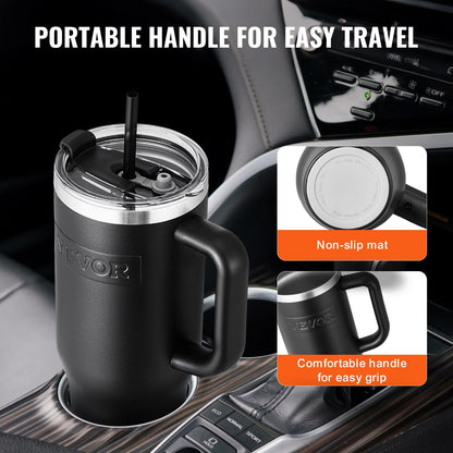 40 oz Insulated Water Bottle, Stainless Steel Sports Coffee Cup with Lid, Handheld Travel Coffee Mug Double Walled, Camping Hydration Flask Leakproof, for Indoor/Outdoor School, Work, Black