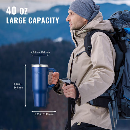 40 oz Insulated Water Bottle, Stainless Steel Sports Coffee Cup with Lid, Handheld Travel Coffee Mug Double Walled, Camping Hydration Flask Leakproof, for Indoor/Outdoor School, Work, Blue