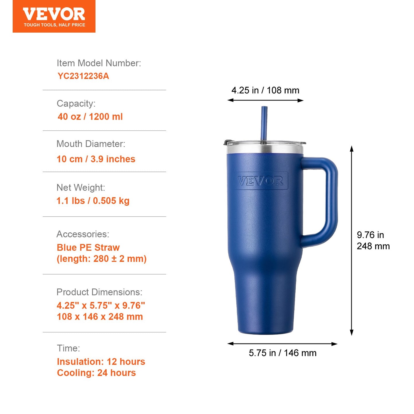 40 oz Insulated Water Bottle, Stainless Steel Sports Coffee Cup with Lid, Handheld Travel Coffee Mug Double Walled, Camping Hydration Flask Leakproof, for Indoor/Outdoor School, Work, Blue