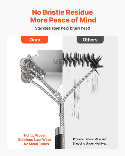 Grill Brush and Scraper, BBQ Brush for Outdoor Grills, Stainless Steel Woven Wire, Bristle Free Barbecue Brushes for Porcelain, Charcoal, Grate Cleaner Grill Accessories, 17 in