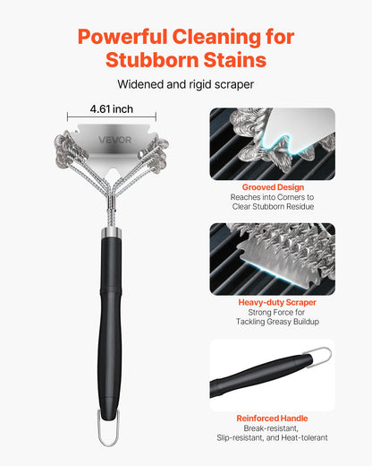 Grill Brush and Scraper, BBQ Brush for Outdoor Grills, Stainless Steel Woven Wire, Bristle Free Barbecue Brushes for Porcelain, Charcoal, Grate Cleaner Grill Accessories, 17 in