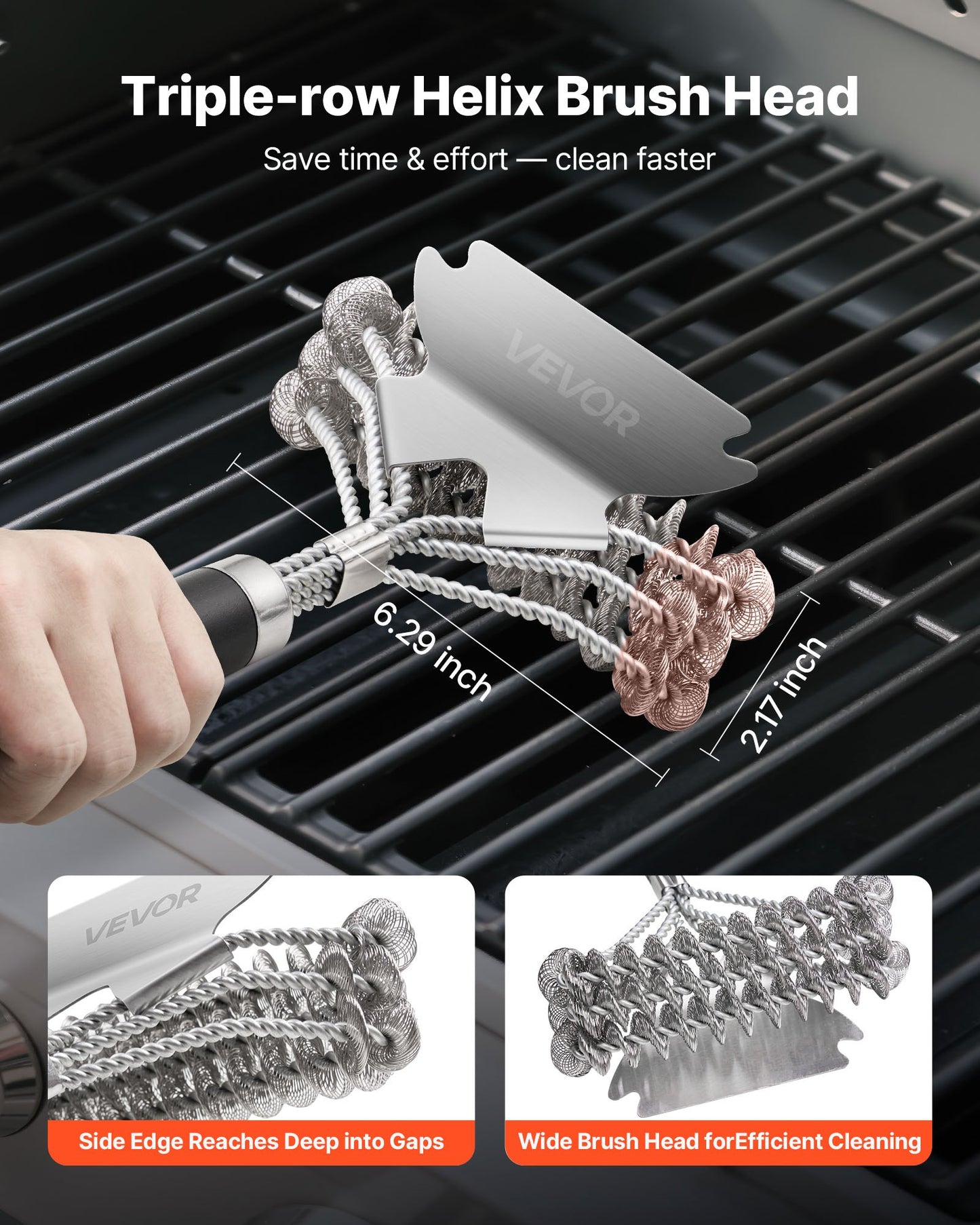 Grill Brush and Scraper, BBQ Brush for Outdoor Grills, Stainless Steel Woven Wire, Bristle Free Barbecue Brushes for Porcelain, Charcoal, Grate Cleaner Grill Accessories, 17 in