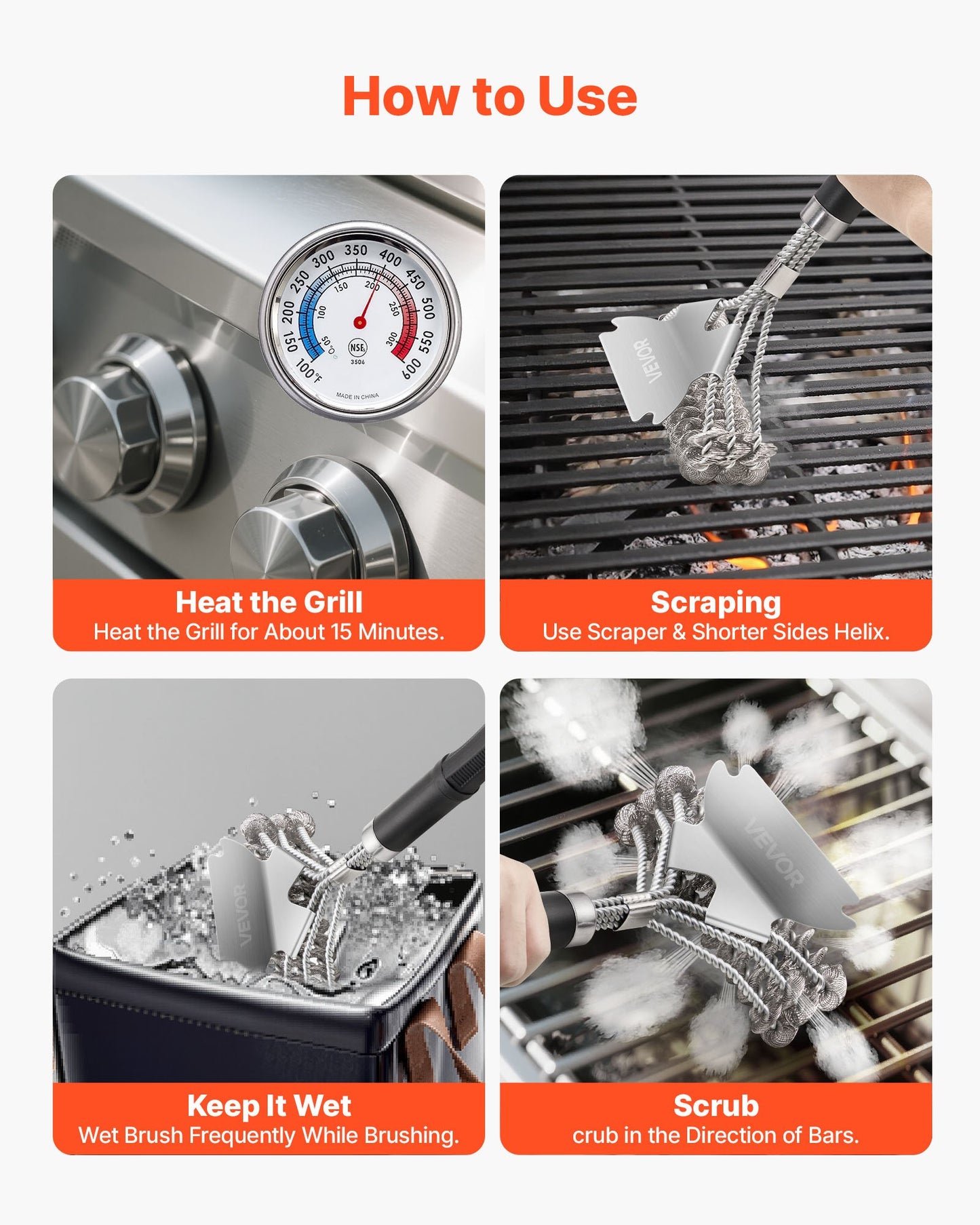 Grill Brush and Scraper, BBQ Brush for Outdoor Grills, Stainless Steel Woven Wire, Bristle Free Barbecue Brushes for Porcelain, Charcoal, Grate Cleaner Grill Accessories, 17 in