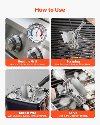 Grill Brush and Scraper, BBQ Brush for Outdoor Grills, Stainless Steel Woven Wire, Bristle Free Barbecue Brushes for Porcelain, Charcoal, Grate Cleaner Grill Accessories, 17 in