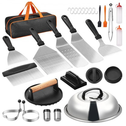 28PCS Griddle Accessories Kit, Flat Top Grill Accessory, Enlarged Spatula Gift Set, Stainless Steel Grilling Tools with Basting Cover, Tong, Burger Press, Carry Bag, for Outdoor BBQ Teppanyaki