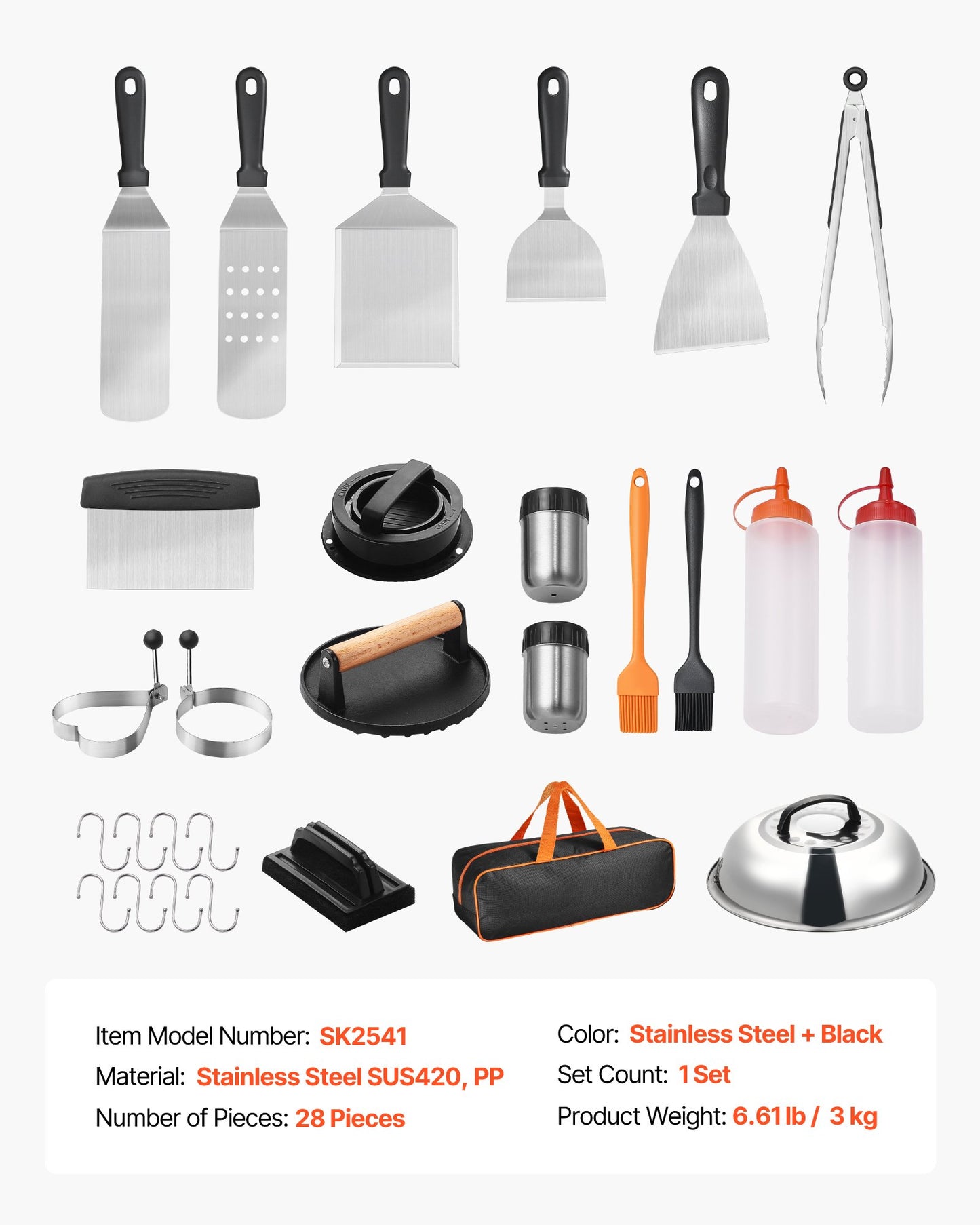 28PCS Griddle Accessories Kit, Flat Top Grill Accessory, Enlarged Spatula Gift Set, Stainless Steel Grilling Tools with Basting Cover, Tong, Burger Press, Carry Bag, for Outdoor BBQ Teppanyaki