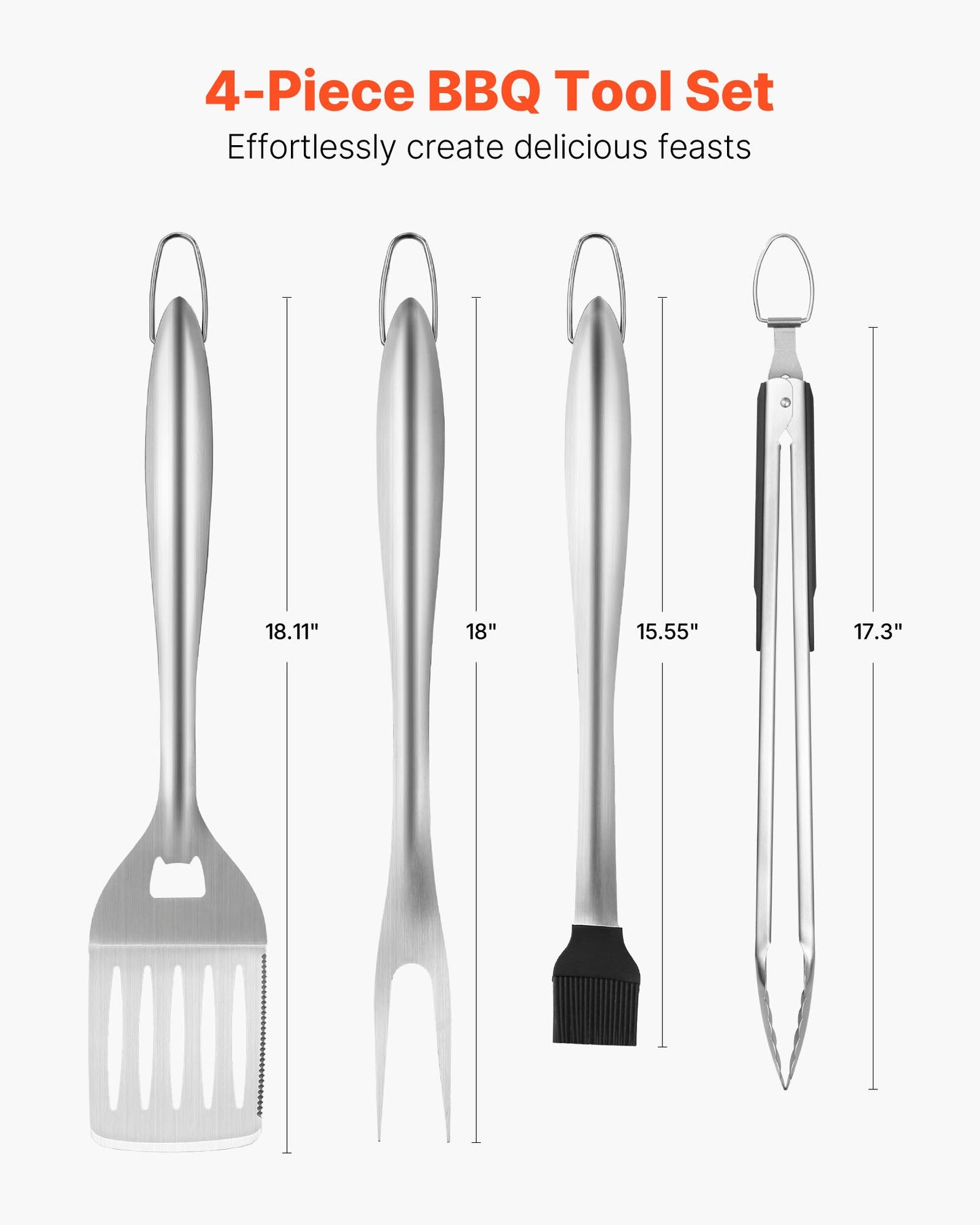 Grilling Accessories, 4PCS BBQ Grill Tool Set, Heavy Duty Stainless Steel Barbecue Tools, Kitchen Utensils with Tong, Spatula, Fork, Brush, for Outdoor Grills, Gift for Father Men Husband
