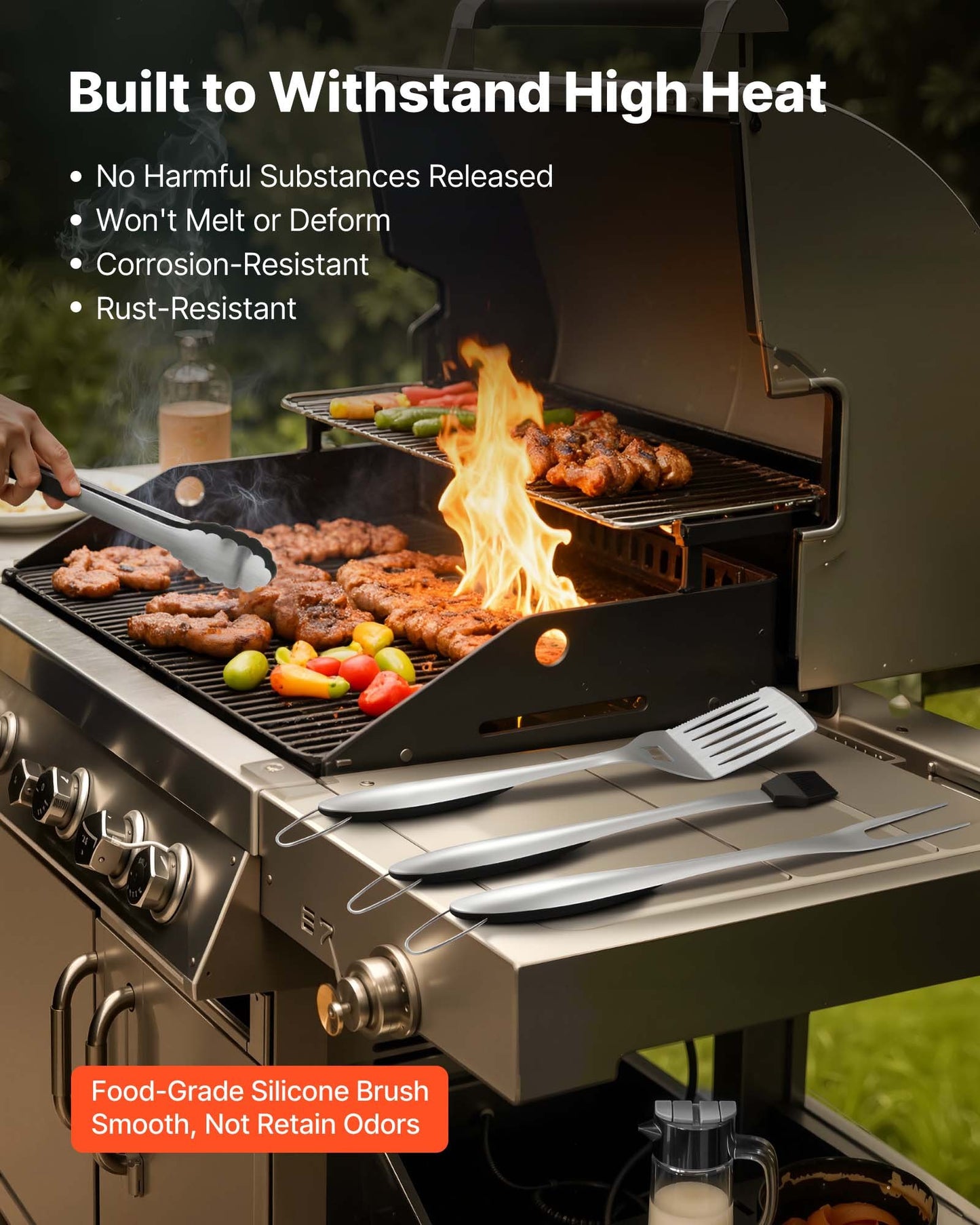 Grilling Accessories, 4PCS BBQ Grill Tool Set, Heavy Duty Stainless Steel Barbecue Tools, Kitchen Utensils with Tong, Spatula, Fork, Brush, for Outdoor Grills, Gift for Father Men Husband