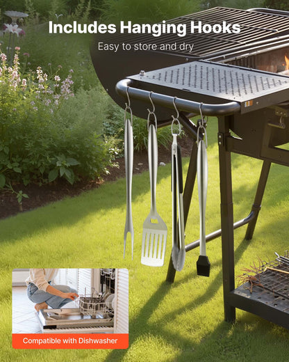 Grilling Accessories, 4PCS BBQ Grill Tool Set, Heavy Duty Stainless Steel Barbecue Tools, Kitchen Utensils with Tong, Spatula, Fork, Brush, for Outdoor Grills, Gift for Father Men Husband