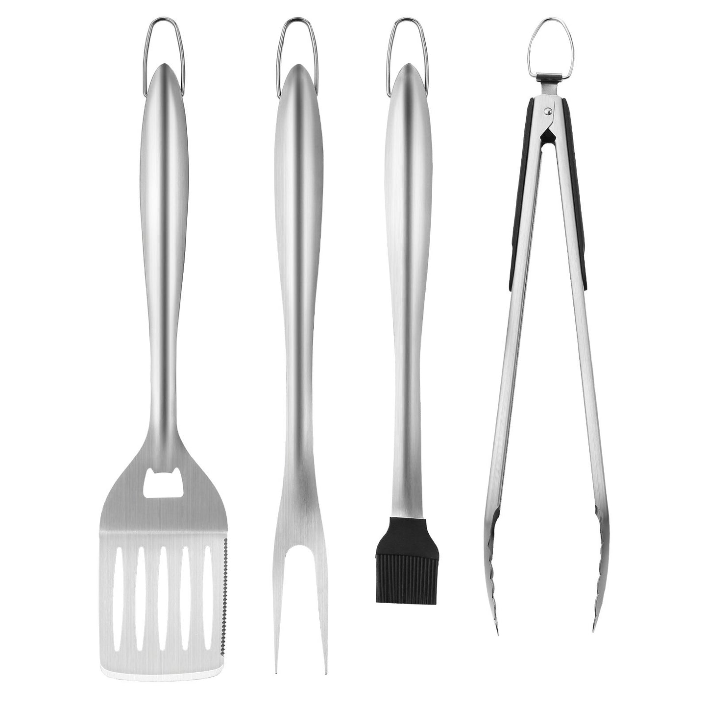 Grilling Accessories, 4PCS BBQ Grill Tool Set, Heavy Duty Stainless Steel Barbecue Tools, Kitchen Utensils with Tong, Spatula, Fork, Brush, for Outdoor Grills, Gift for Father Men Husband