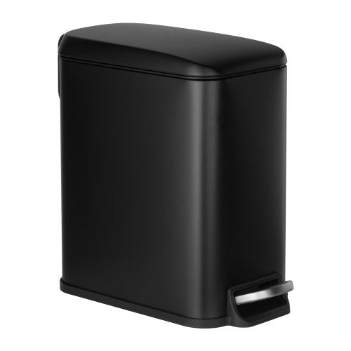 Slim Bathroom Trash Can, 11.4 x 5.71 x 10.7 Inch Small Bedroom Trashcan with Step Pedal & Soft Close Lid, 6L Steel Garbage Can with Detachable Inner Bin, for Kitchen, Home, Dorm, Office, Black