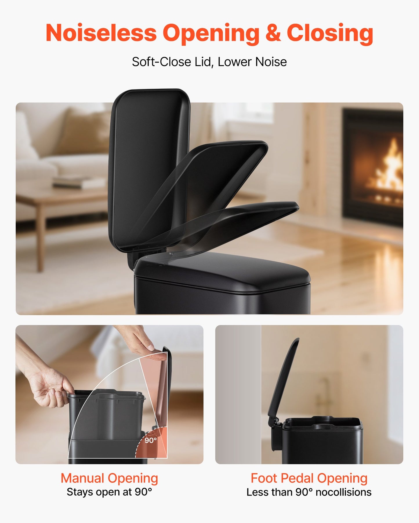Slim Bathroom Trash Can, 11.4 x 5.71 x 10.7 Inch Small Bedroom Trashcan with Step Pedal & Soft Close Lid, 6L Steel Garbage Can with Detachable Inner Bin, for Kitchen, Home, Dorm, Office, Black