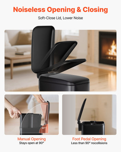 Slim Bathroom Trash Can, 11.4 x 5.71 x 10.7 Inch Small Bedroom Trashcan with Step Pedal & Soft Close Lid, 6L Steel Garbage Can with Detachable Inner Bin, for Kitchen, Home, Dorm, Office, Black