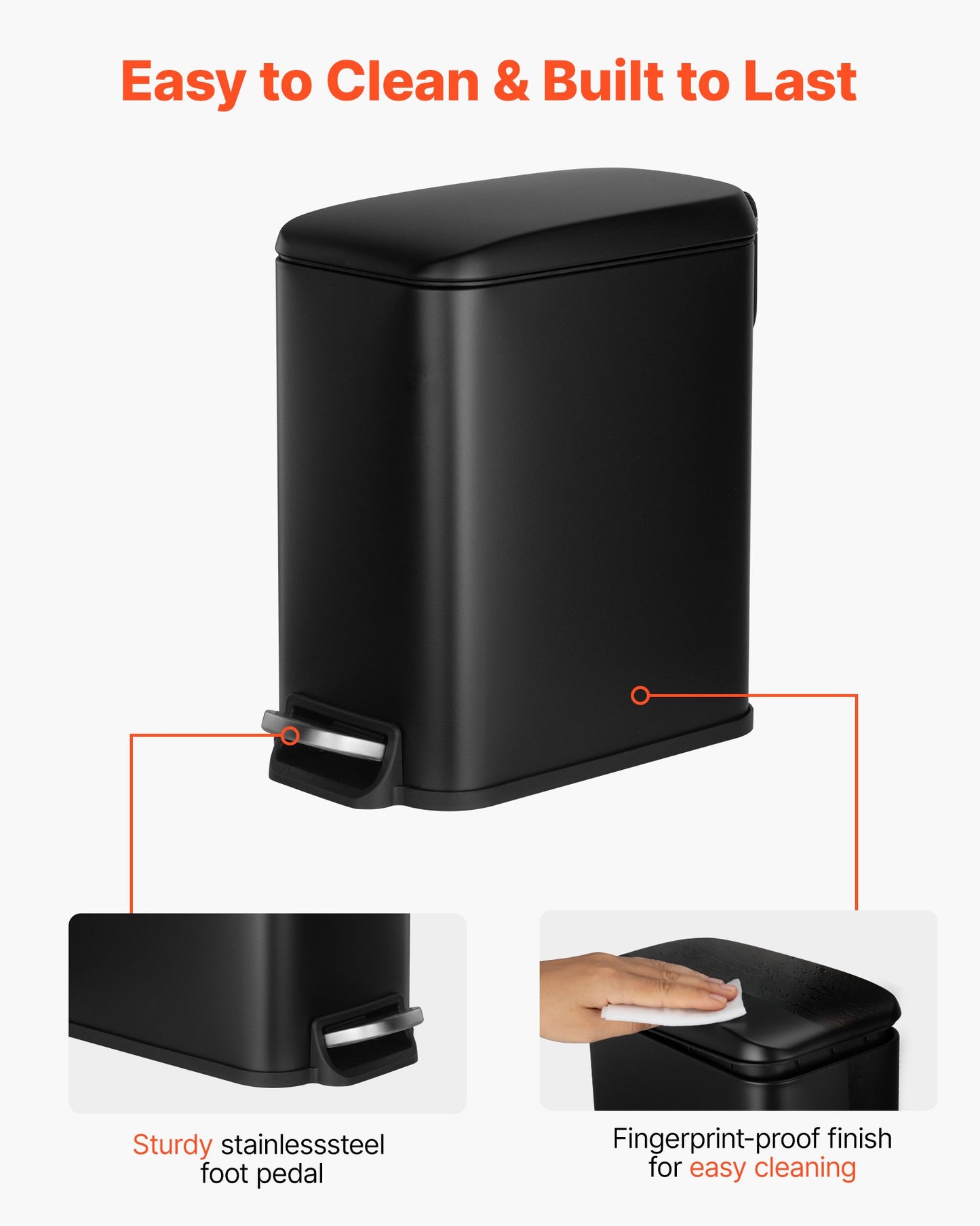 Slim Bathroom Trash Can, 11.4 x 5.71 x 10.7 Inch Small Bedroom Trashcan with Step Pedal & Soft Close Lid, 6L Steel Garbage Can with Detachable Inner Bin, for Kitchen, Home, Dorm, Office, Black
