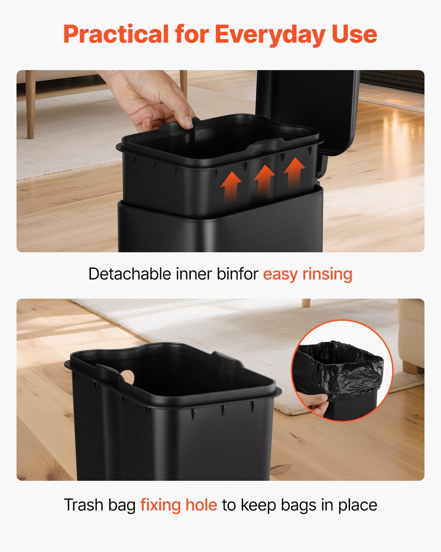 Slim Bathroom Trash Can, 11.4 x 5.71 x 10.7 Inch Small Bedroom Trashcan with Step Pedal & Soft Close Lid, 6L Steel Garbage Can with Detachable Inner Bin, for Kitchen, Home, Dorm, Office, Black