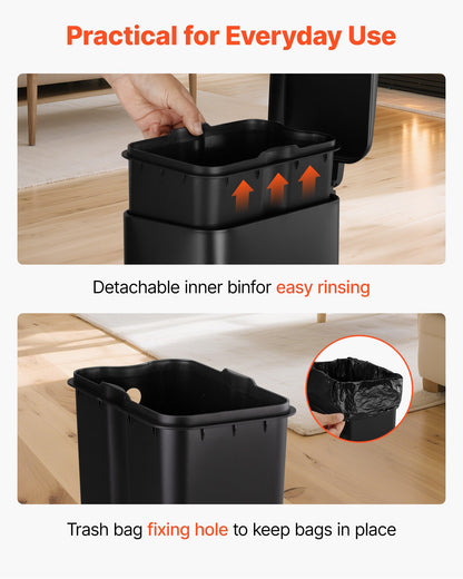 Slim Bathroom Trash Can, 11.4 x 5.71 x 10.7 Inch Small Bedroom Trashcan with Step Pedal & Soft Close Lid, 6L Steel Garbage Can with Detachable Inner Bin, for Kitchen, Home, Dorm, Office, Black