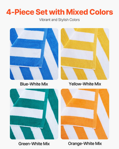 Beach Towel, 4 Pack Oversized Beach Towels, 30 x 60 in Cabana Striped Large Pool Towel, 100% Cotton Soft and Quickly Dry Thick Swimming Towels, for Vacation, Swimming, Beaches, and Bathroom