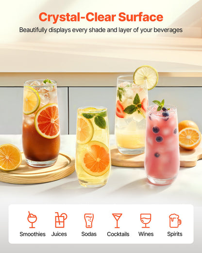 Drinking Glasses Set, 16-Piece Crystal Glass Cups, Elegant Mixed Glassware Set, with 8 Pcs 18.26 Oz Highball and 8 Pcs 11.5 Oz Cocktail Drinkware for Kitchen, Beer, Smoothie, Juice, Soda, Wine