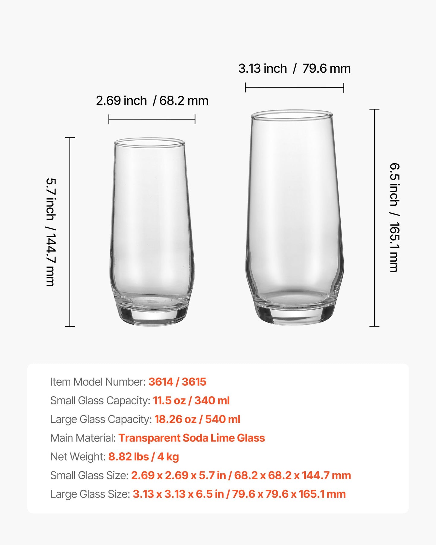 Drinking Glasses Set, 16-Piece Crystal Glass Cups, Elegant Mixed Glassware Set, with 8 Pcs 18.26 Oz Highball and 8 Pcs 11.5 Oz Cocktail Drinkware for Kitchen, Beer, Smoothie, Juice, Soda, Wine