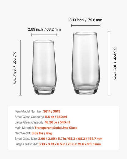 Drinking Glasses Set, 16-Piece Crystal Glass Cups, Elegant Mixed Glassware Set, with 8 Pcs 18.26 Oz Highball and 8 Pcs 11.5 Oz Cocktail Drinkware for Kitchen, Beer, Smoothie, Juice, Soda, Wine