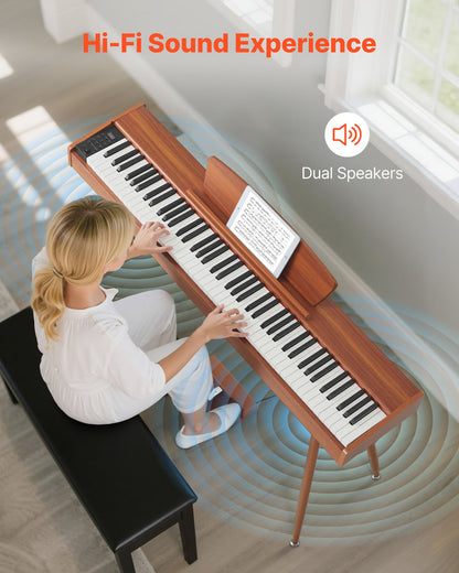 Weighted Digital Piano, 88 Keys Fully Weighted, Electric Piano Keyboard with Sheet Music Stand, Triple Pedal, Power Adapter, 280 Tones, Support Wireless Connection, for Beginners, Wood Color