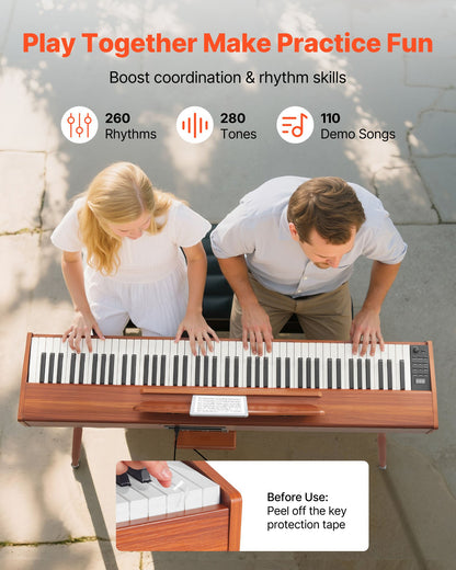 Weighted Digital Piano, 88 Keys Fully Weighted, Electric Piano Keyboard with Sheet Music Stand, Triple Pedal, Power Adapter, 280 Tones, Support Wireless Connection, for Beginners, Wood Color