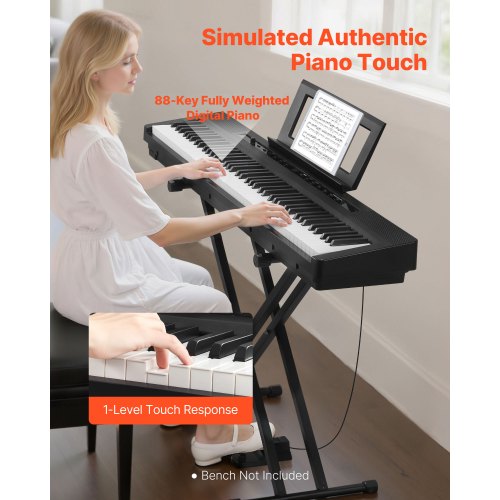 Viktat Digitalpiano, 88 Tangenter Fullt Viktat, Elpiano Dubbelt Keyboard & Högtalare med X-Stativ, Sustainpedal, Inspelningsfunktion, 280 Toner, Trådlös Anslutning, För Nybörjare, Svart |  EU