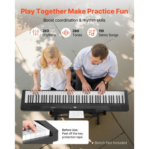 Viktat Digitalpiano, 88 Tangenter Fullt Viktat, Elpiano Dubbelt Keyboard & Högtalare med X-Stativ, Sustainpedal, Inspelningsfunktion, 280 Toner, Trådlös Anslutning, För Nybörjare, Svart |  EU