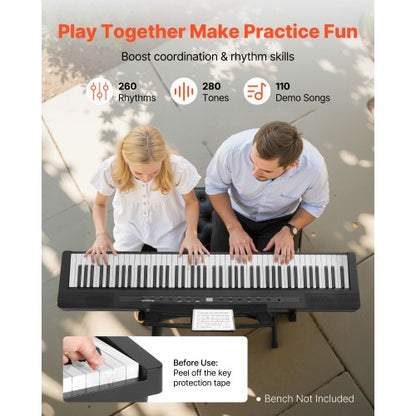 Viktat Digitalpiano, 88 Tangenter Fullt Viktat, Elpiano Dubbelt Keyboard & Högtalare med X-Stativ, Sustainpedal, Inspelningsfunktion, 280 Toner, Trådlös Anslutning, För Nybörjare, Svart |  EU