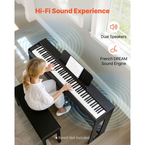 viktat digitalpiano, 88 tangenter fullt viktade, elektriskt pianokeyboard med möbelstativ, nätadapter, trippelpedal, inspelningsfunktion, 280 toner, trådlös anslutning, för nybörjare, svart |  EU