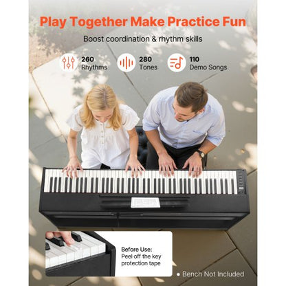 viktat digitalpiano, 88 tangenter fullt viktade, elektriskt pianokeyboard med möbelstativ, nätadapter, trippelpedal, inspelningsfunktion, 280 toner, trådlös anslutning, för nybörjare, svart |  EU