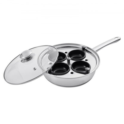 Egg Poacher Pan, 4-Cup Poached Egg Maker, Stainless Steel Poaching Pan and Frying Skillet, with 4 Nonsitck Detachable Large Cups, Lid, and Silicone Spatula, Compatible with Induction Stovetop