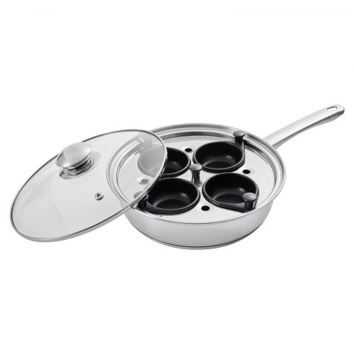 Egg Poacher Pan, 4-Cup Poached Egg Maker, Stainless Steel Poaching Pan and Frying Skillet, with 4 Nonsitck Detachable Large Cups, Lid, and Silicone Spatula, Compatible with Induction Stovetop