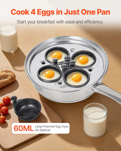 Egg Poacher Pan, 4-Cup Poached Egg Maker, Stainless Steel Poaching Pan and Frying Skillet, with 4 Nonsitck Detachable Large Cups, Lid, and Silicone Spatula, Compatible with Induction Stovetop