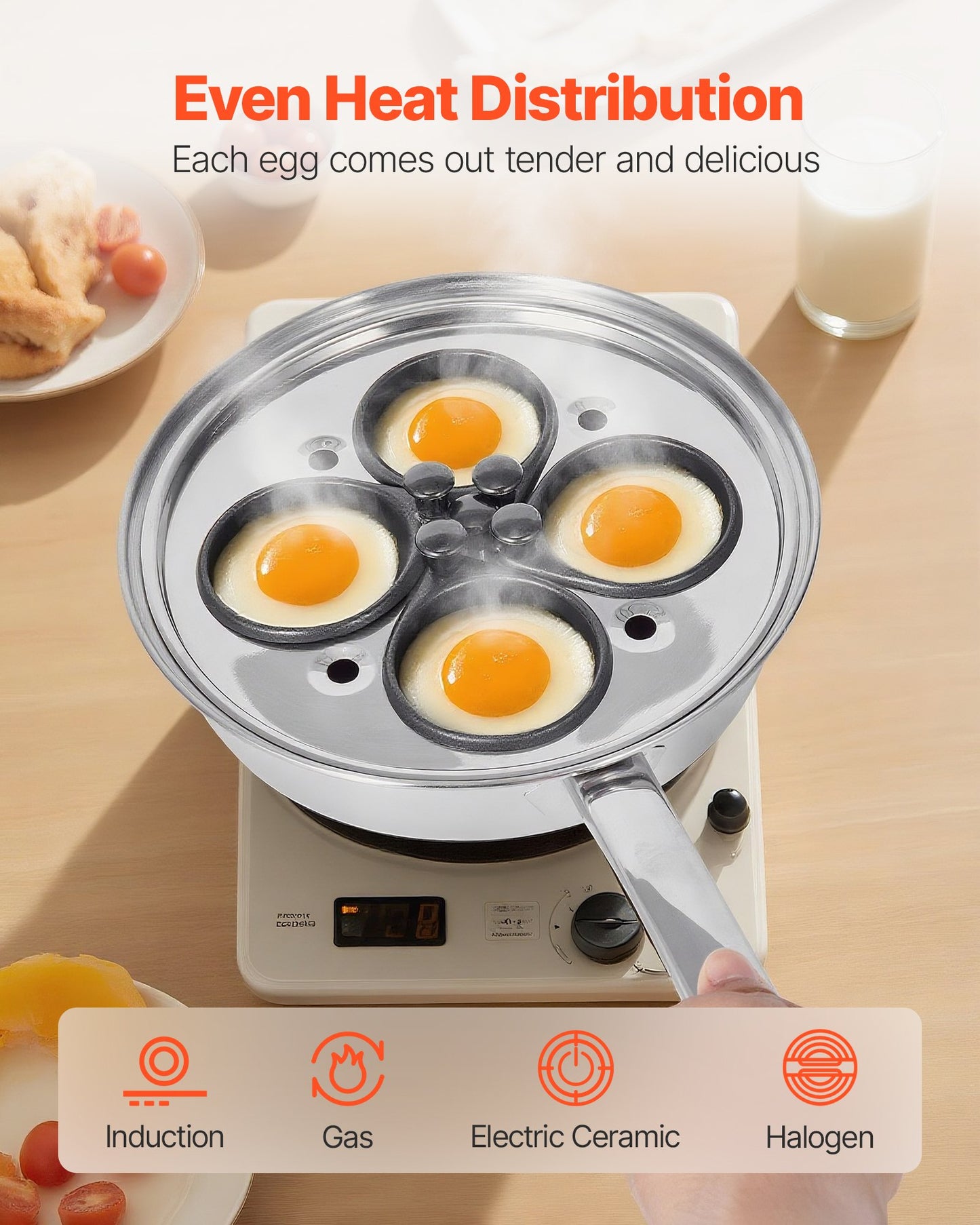 Egg Poacher Pan, 4-Cup Poached Egg Maker, Stainless Steel Poaching Pan and Frying Skillet, with 4 Nonsitck Detachable Large Cups, Lid, and Silicone Spatula, Compatible with Induction Stovetop