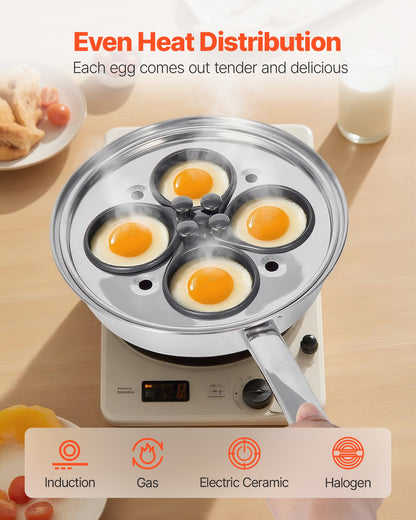 Egg Poacher Pan, 4-Cup Poached Egg Maker, Stainless Steel Poaching Pan and Frying Skillet, with 4 Nonsitck Detachable Large Cups, Lid, and Silicone Spatula, Compatible with Induction Stovetop