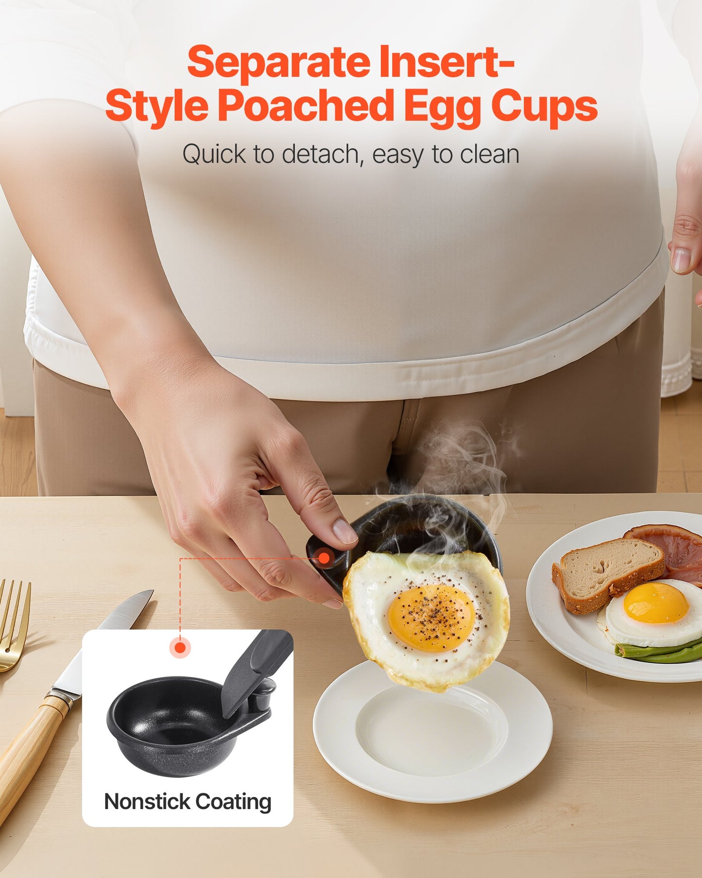 Egg Poacher Pan, 4-Cup Poached Egg Maker, Stainless Steel Poaching Pan and Frying Skillet, with 4 Nonsitck Detachable Large Cups, Lid, and Silicone Spatula, Compatible with Induction Stovetop