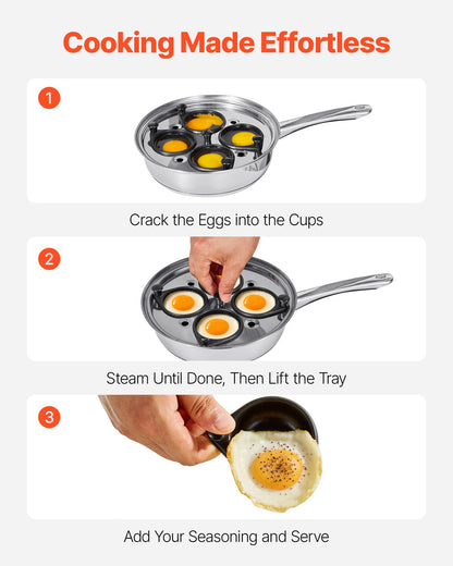 Egg Poacher Pan, 4-Cup Poached Egg Maker, Stainless Steel Poaching Pan and Frying Skillet, with 4 Nonsitck Detachable Large Cups, Lid, and Silicone Spatula, Compatible with Induction Stovetop