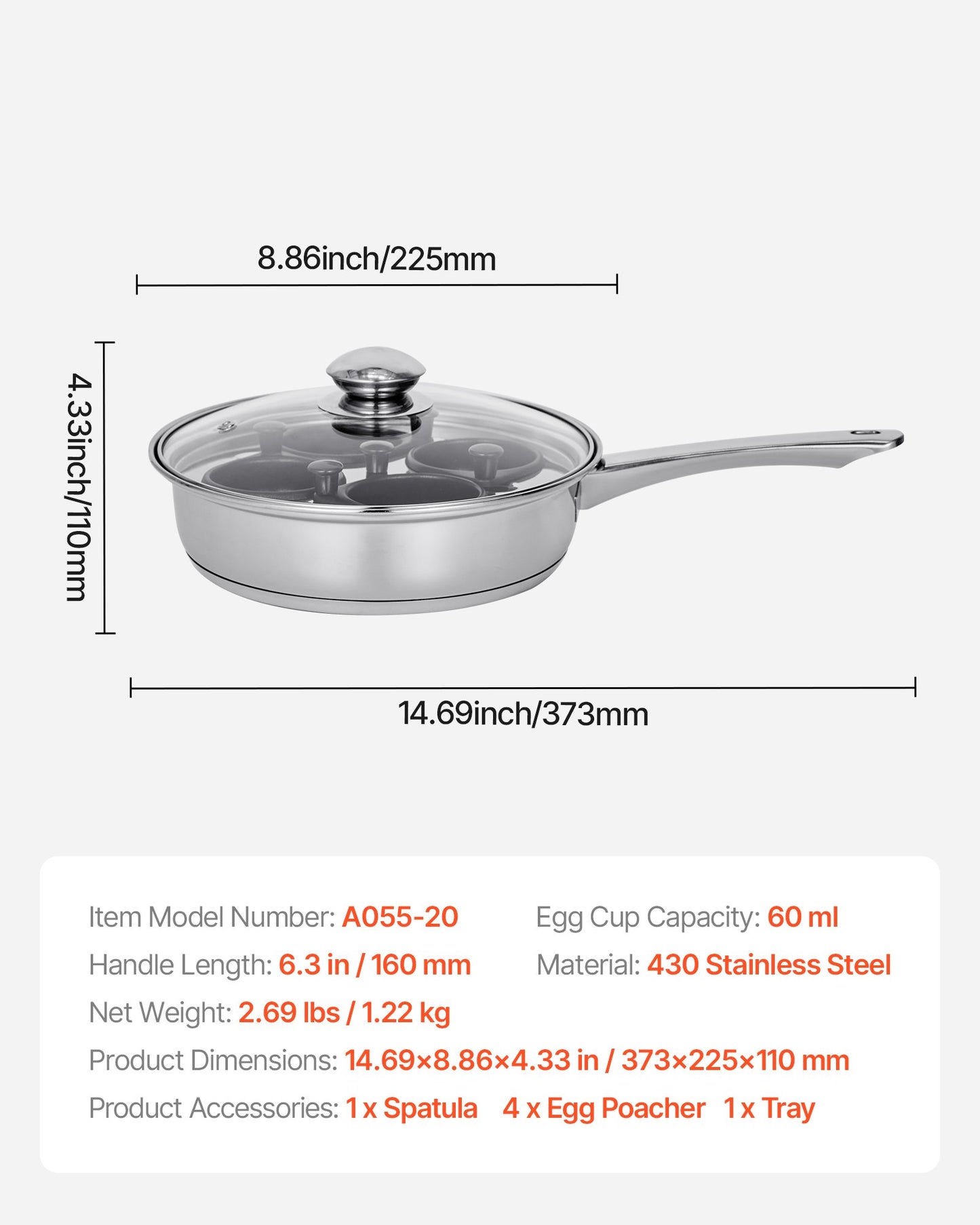 Egg Poacher Pan, 4-Cup Poached Egg Maker, Stainless Steel Poaching Pan and Frying Skillet, with 4 Nonsitck Detachable Large Cups, Lid, and Silicone Spatula, Compatible with Induction Stovetop