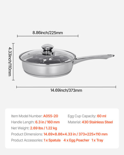 Egg Poacher Pan, 4-Cup Poached Egg Maker, Stainless Steel Poaching Pan and Frying Skillet, with 4 Nonsitck Detachable Large Cups, Lid, and Silicone Spatula, Compatible with Induction Stovetop