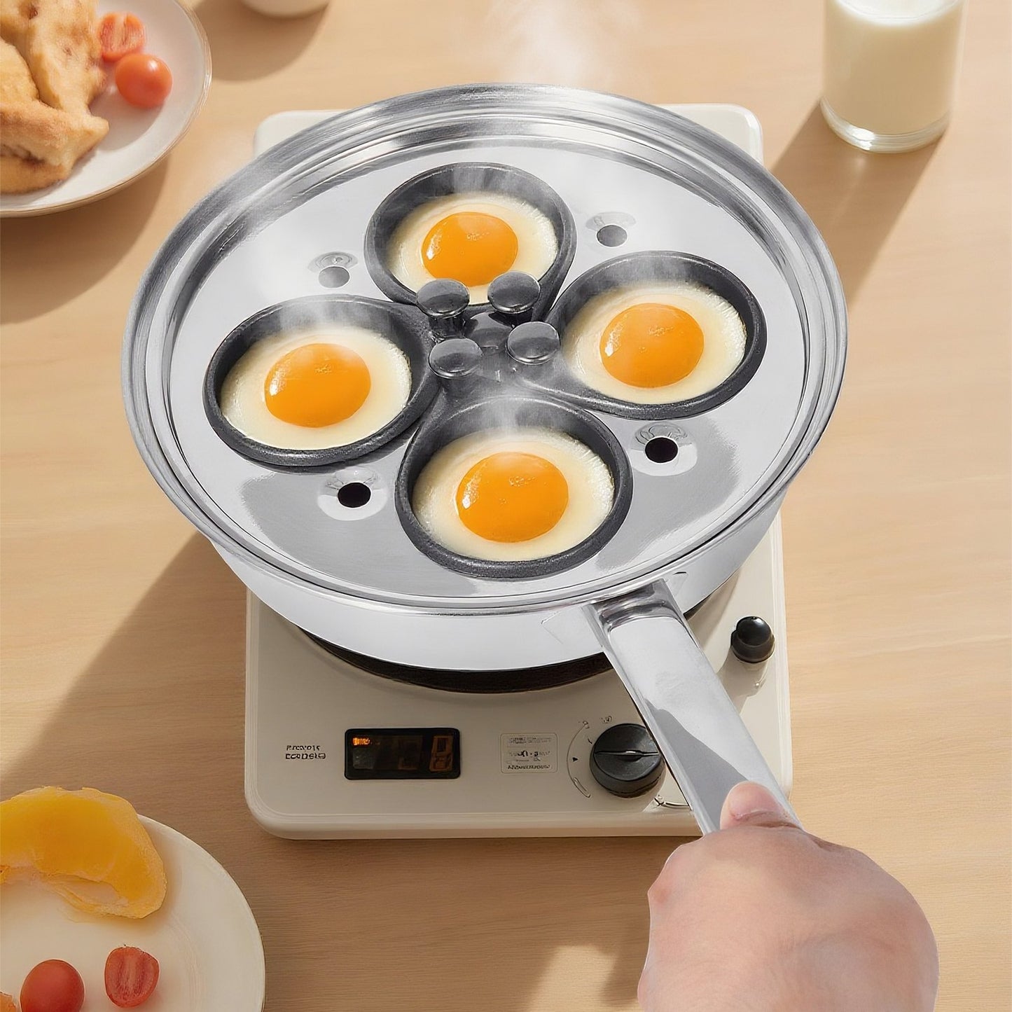 Egg Poacher Pan, 4-Cup Poached Egg Maker, Stainless Steel Poaching Pan and Frying Skillet, with 4 Nonsitck Detachable Large Cups, Lid, and Silicone Spatula, Compatible with Induction Stovetop
